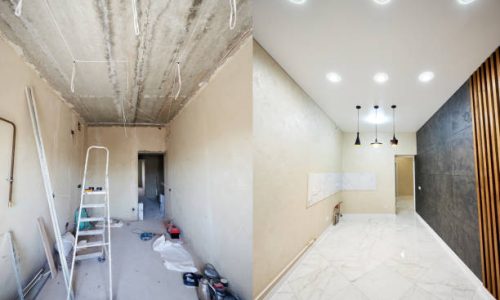 Comparison snapshot of a big beautiful room in a private house before and after reconstruction, messy room with empty grey walls vs new clean shiny interior