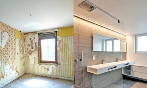 Renovation of a bathroom Before and after in horizontal format