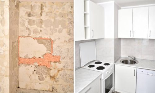Old and damaged room before renovation on the left side of the photo. Renovated kitchen with new white cabinets and new appliances on the right side.