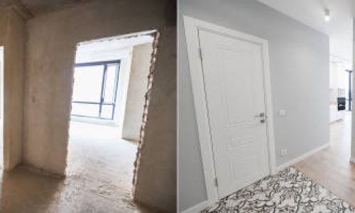 Modern apartment with doorways before and after refurbishment. Comparison of old flat and new place with white walls and modern interior design. Concept of home renovation.
